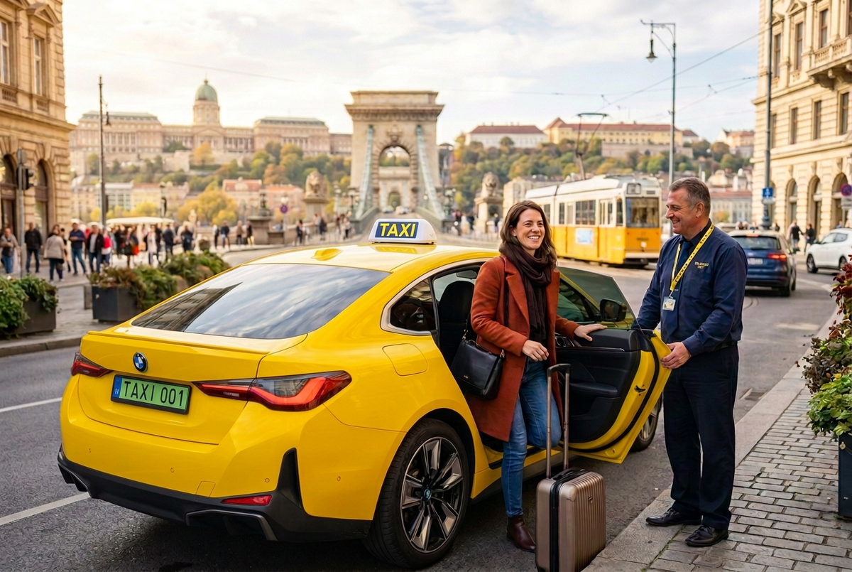 Sárga BMW i4 taxi utas beszállással, TAXI 001 zöld rendszámmal