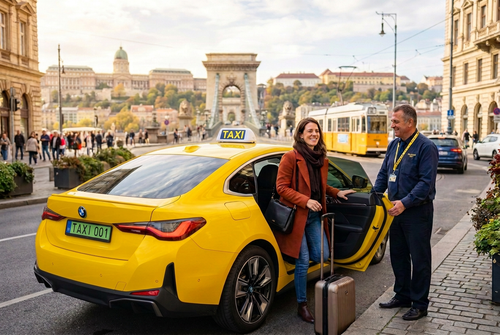 Sárga BMW i4 taxi utas beszállással, TAXI 001 zöld rendszámmal